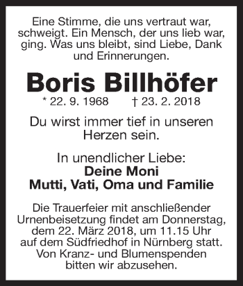 Traueranzeige von Boris Billhöfer von Gesamtausgabe Nürnberger Nachrichten/ Nürnberger Ztg.