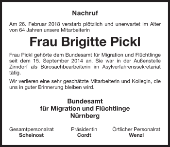 Traueranzeige von Brigitte Pickl von Fürther Nachrichten Lokal
