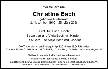 Traueranzeige von Christine Bach von Gesamtausgabe Nürnberger Nachrichten/ Nürnberger Ztg.