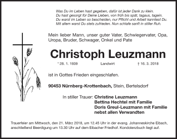 Traueranzeige von Christoph Leuzmann von Gesamtausgabe Nürnberger Nachrichten/ Nürnberger Ztg.