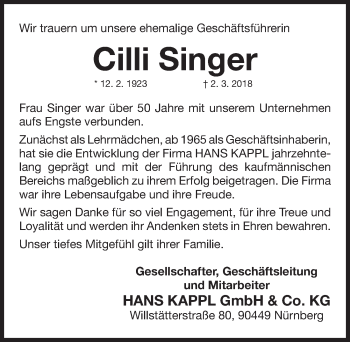 Traueranzeige von Cilli Singer von Gesamtausgabe Nürnberger Nachrichten/ Nürnberger Ztg.