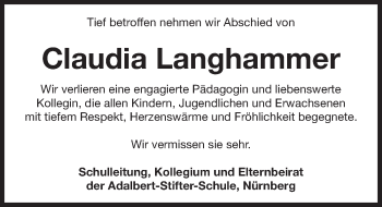 Traueranzeige von Claudia Langhammer von Gesamtausgabe Nürnberger Nachrichten/ Nürnberger Ztg.