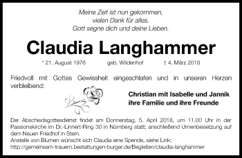 Traueranzeige von Claudia Langhammer von Gesamtausgabe Nürnberger Nachrichten/ Nürnberger Ztg.