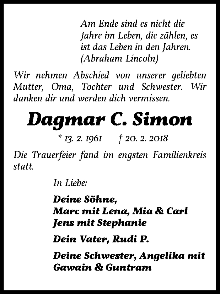  Traueranzeige für Dagmar C. Simon vom 03.03.2018 aus Erlanger Nachrichten Lokal