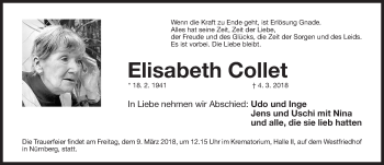 Traueranzeige von Elisabeth Collet von Gesamtausgabe Nürnberger Nachrichten/ Nürnberger Ztg.