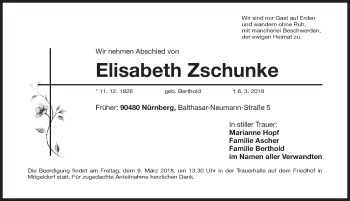 Traueranzeige von Elisabeth Zschunke von Gesamtausgabe Nürnberger Nachrichten/ Nürnberger Ztg.