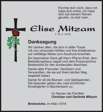 Traueranzeige von Elise Mitzam von Roth-Hilpoltsteiner Volkszeitung Lokal