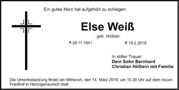 Traueranzeige von Else Weiß von Nordbayerische Nachrichten Herzogenaurach Lokal