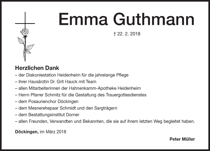  Traueranzeige für Emma Guthmann vom 10.03.2018 aus Altmühl-Bote Lokal