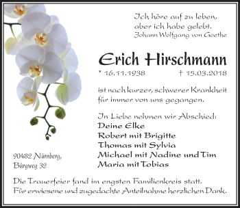 Traueranzeige von Erich Hirschmann von Gesamtausgabe Nürnberger Nachrichten/ Nürnberger Ztg.