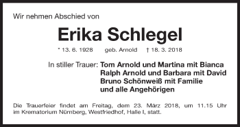 Traueranzeige von Erika Schlegel von Gesamtausgabe Nürnberger Nachrichten/ Nürnberger Ztg.