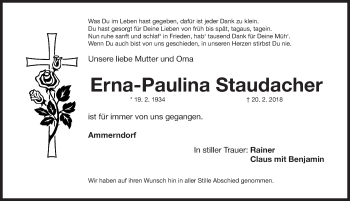 Traueranzeige von Erna-Paulina Staudacher von Fürther Nachrichten Lokal