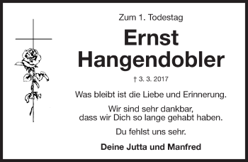 Traueranzeige von Ernst Hangendobler von Gesamtausgabe Nürnberger Nachrichten/ Nürnberger Ztg.