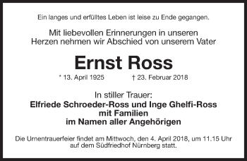 Traueranzeige von Ernst Ross von Gesamtausgabe Nürnberger Nachrichten/ Nürnberger Ztg.
