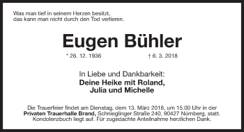 Traueranzeige von Eugen Bühler von Gesamtausgabe Nürnberger Nachrichten/ Nürnberger Ztg.