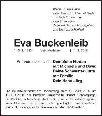 Traueranzeige von Eva Buckenleib von Gesamtausgabe Nürnberger Nachrichten/ Nürnberger Ztg.