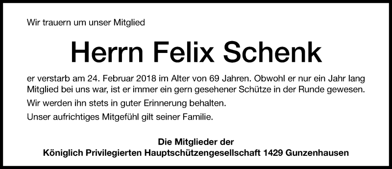  Traueranzeige für Felix Schenk vom 08.03.2018 aus Altmühl-Bote Lokal