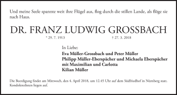 Traueranzeige von Franz Ludwig Grossbach von Gesamtausgabe Nürnberger Nachrichten/ Nürnberger Ztg./ Fürther Nachrichten