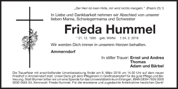 Traueranzeige von Frieda Hummel von Fürther Nachrichten Lokal