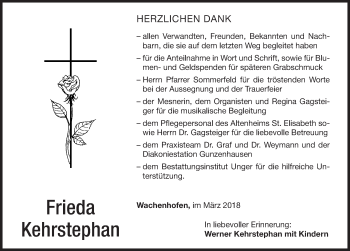 Traueranzeige von Frieda Kehrstephan von Altmühl-Bote Lokal