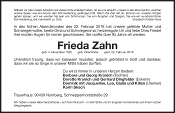 Traueranzeige von Frieda Zahn von Gesamtausgabe Nürnberger Nachrichten/ Nürnberger Ztg.
