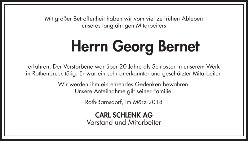  Traueranzeige für Georg Bernet vom 08.03.2018 aus Nordbayerische Nachrichten Pegnitz Lokal