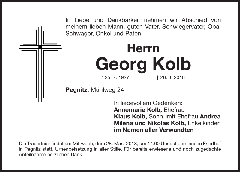  Traueranzeige für Georg Kolb vom 27.03.2018 aus Nordbayerische Nachrichten Pegnitz Lokal