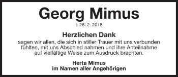 Traueranzeige von Georg Mimus von Gesamtausgabe Nürnberger Nachrichten/ Nürnberger Ztg.