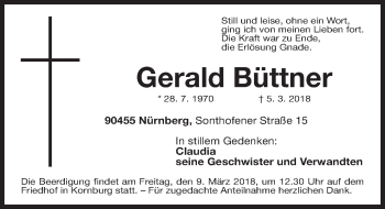 Traueranzeige von Gerald Büttner von Gesamtausgabe Nürnberger Nachrichten/ Nürnberger Ztg.