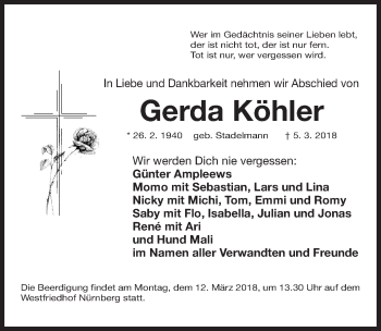 Traueranzeige von Gerda Köhler von Gesamtausgabe Nürnberger Nachrichten/ Nürnberger Ztg.