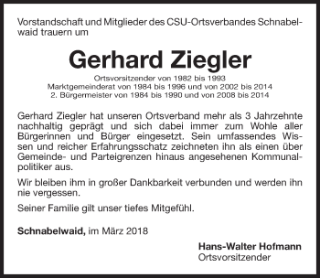 Traueranzeige von Gerhard Ziegler von Nordbayerische Nachrichten Pegnitz Lokal