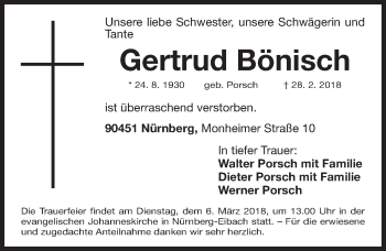 Traueranzeige von Gertrud Bönisch von Gesamtausgabe Nürnberger Nachrichten/ Nürnberger Ztg.