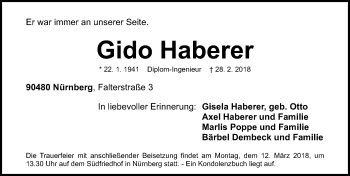 Traueranzeige von Gido Haberer von Gesamtausgabe Nürnberger Nachrichten/ Nürnberger Ztg.