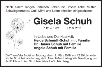 Traueranzeige von Gisela Schuh von Gesamtausgabe Nürnberger Nachrichten/ Nürnberger Ztg.