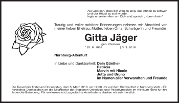 Traueranzeige von Gitta Jäger von Gesamtausgabe Nürnberger Nachrichten/ Nürnberger Ztg.