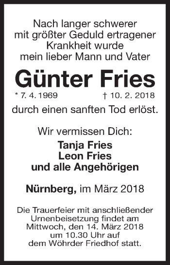 Traueranzeige von Günter Fries von Gesamtausgabe Nürnberger Nachrichten/ Nürnberger Ztg.