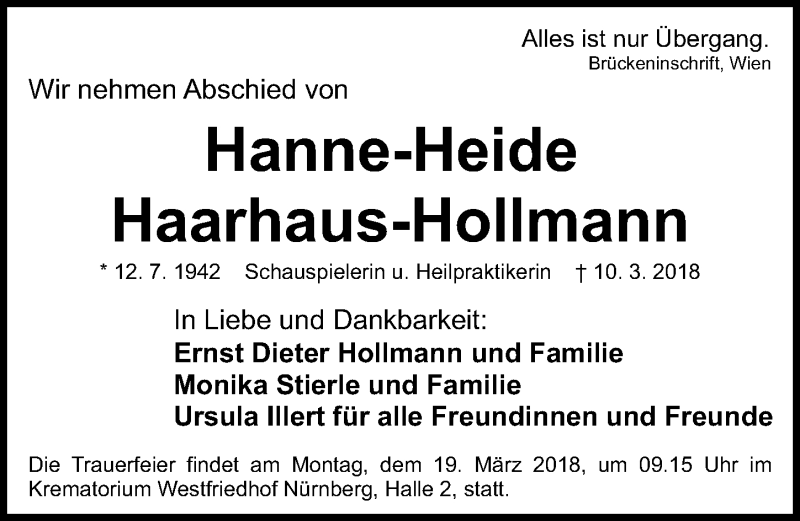  Traueranzeige für Hanne-Heide Haarhaus-Hollmann vom 14.03.2018 aus Gesamtausgabe Nürnberger Nachrichten/ Nürnberger Ztg.