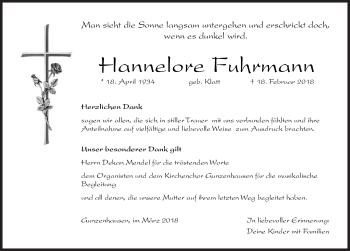 Traueranzeige von Hannelore Fuhrmann von Altmühl-Bote Lokal