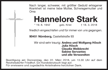 Traueranzeige von Hannelore Stark von Gesamtausgabe Nürnberger Nachrichten/ Nürnberger Ztg.