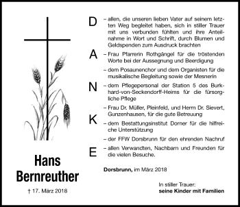 Traueranzeige von Hans Bernreuther von Altmühl-Bote Lokal