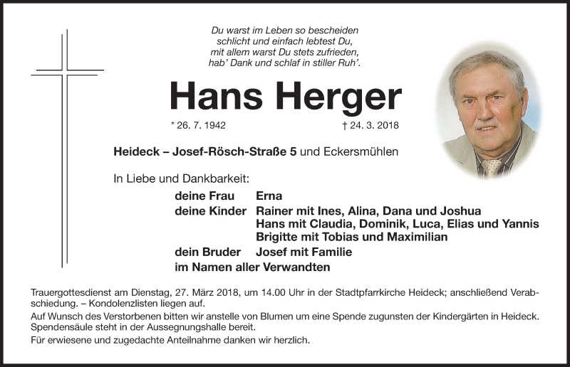  Traueranzeige für Hans Herger vom 26.03.2018 aus Roth-Hilpoltsteiner Volkszeitung Lokal