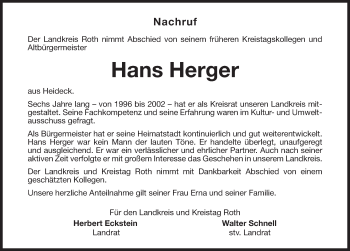 Traueranzeige von Hans Herger von Roth-Hilpoltsteiner Volkszeitung Lokal