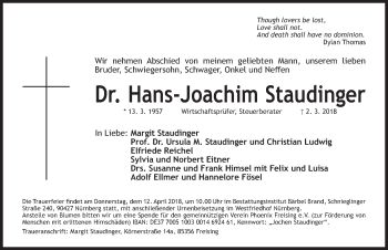 Traueranzeige von Hans-Joachim Staudinger von Gesamtausgabe Nürnberger Nachrichten/ Nürnberger Ztg.