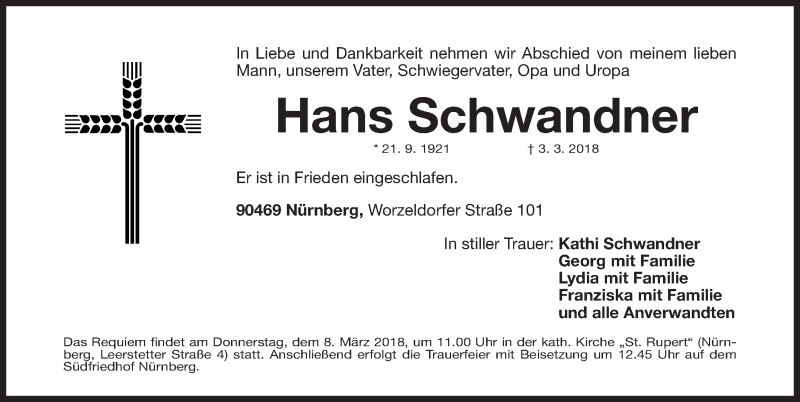  Traueranzeige für Hans Schwandner vom 06.03.2018 aus Gesamtausgabe Nürnberger Nachrichten/ Nürnberger Ztg.