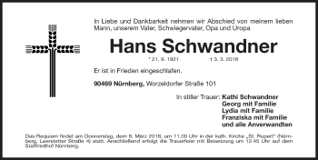 Traueranzeige von Hans Schwandner von Gesamtausgabe Nürnberger Nachrichten/ Nürnberger Ztg.