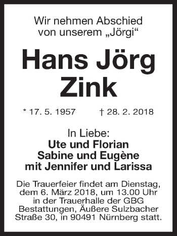 Traueranzeige von Hans Jörg Zink von Gesamtausgabe Nürnberger Nachrichten/ Nürnberger Ztg.