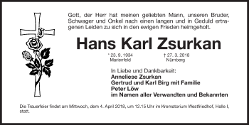 Traueranzeige von Hans Karl Zsurkan von Gesamtausgabe Nürnberger Nachrichten/ Nürnberger Ztg.