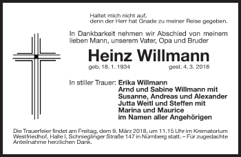 Traueranzeige von Heinz Willmann von Gesamtausgabe Nürnberger Nachrichten/ Nürnberger Ztg.