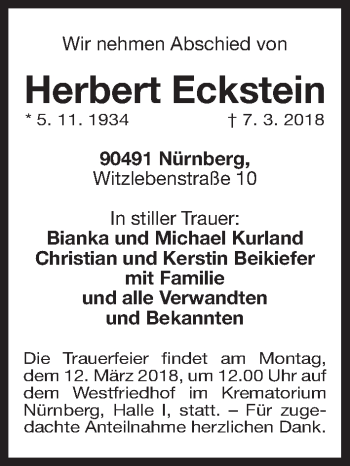 Traueranzeige von Herbert Eckstein von Gesamtausgabe Nürnberger Nachrichten/ Nürnberger Ztg.