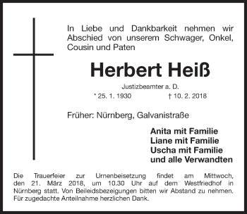 Traueranzeige von Herbert Heiß von Gesamtausgabe Nürnberger Nachrichten/ Nürnberger Ztg.